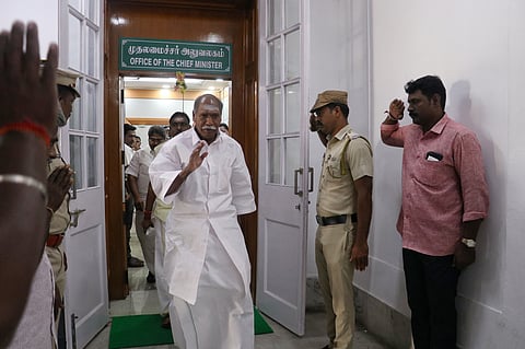 Chief Minister N. Rangasamy arrive at the Assembly session on Wednesday for the presentation of the governments additional expenditure proposal, approval, and submission of the audit report.