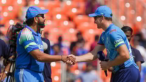 India's captain Rohit Sharma, left, and England's captain Jos Buttler during the toss before the third One Day International (ODI) cricket match 