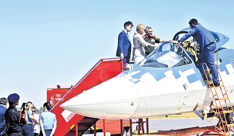 Chief of Defence Staff General Anil Chauhan takes a look at the Su-57 on display at Aero India 2025 in Bengaluru on Wednesday.