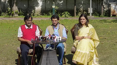 Shiv Sena (UBT) leaders Aaditya Thackeray, Sanjay Raut and Priyanka Chaturvedi during a press conference, in New Delhi, Thursday, Feb. 13, 2025