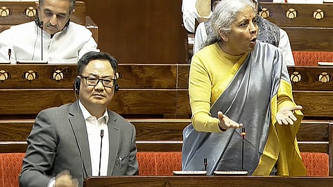  Union Finance Minister Nirmala Sitharaman speaks in the Rajya Sabha during the Budget session of Parliament, in New Delhi.