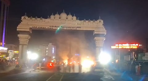 The Nakkeeran decorative arch in Mattuthavani being demolished. 