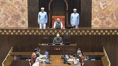 Rajya Sabha Chairman Jagdeep Dhankhar conducts the house proceedings during the ongoing budget session on Thursday, Feb. 13, 2025.