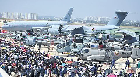 Visitors at Aero India 2025 at Yelahanka Air Base on Thursday