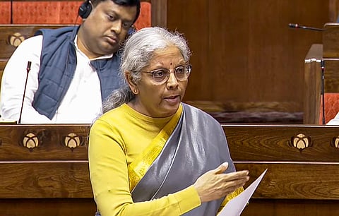 Union Finance Minister Nirmala Sitharaman speaks in the Rajya Sabha during the Budget session of Parliament, in New Delhi