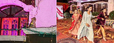 In this combo image, a leopard is seen in the left image after it entered a banquet hall amid an ongoing wedding in Lucknow, while the bride and others are seen on the right image running to save their lives (Photo | PTI)