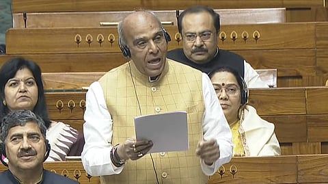 JPC Chairman and BJP MP Jagadambika Pal tables the panel's report on the Waqf (Amendment) Bill in the Lok Sabha during the ongoing Budget Session of the Parliament in New Delhi on Thursday, Feb. 13, 2025.