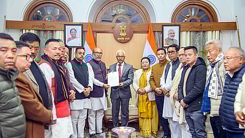In this photo from Feb. 9, 2025, Manipur Chief Minister N Biren Singh submits his resignation to Governor AK Bhalla in Imphal.