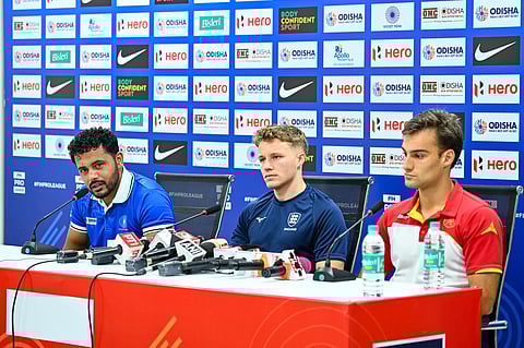  (left to right) Captain of Indian hockey team Harmanpreet Singh, England hockey team captain Tim Nurse and co-captain of Spain hockey team Alex Alonso speaks to the media during a press conference ahead of FIH Pro League in Bhubaneswar on Friday