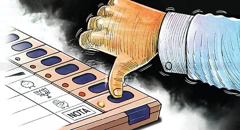 Introduced in 2013, the NOTA option on EVMs has its own symbol—a ballot paper with a black cross across it.