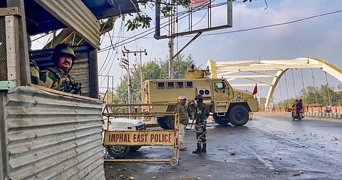 Security personnel keep vigil after security measures were increased following imposition of President's rule in Manipur, in Imphal, Friday, Feb. 14, 2025.
