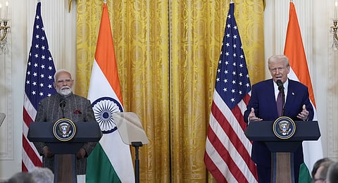 President Donald Trump and India's Prime Minister Narendra Modi hold a news conference in the East Room of the White House, Thursday, Feb. 13, 2025, in Washington.