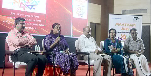 Subiksha, city homeless shelter all-coordinator, GCC, speaks during a  panel discussion at Maatram 2025