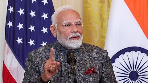 Prime Minister Narendra Modi addresses a joint press conference with US President Donald Trump at the White House in Washington, DC, on Friday, Feb. 14, 2025.