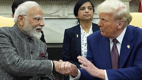 US President Donald Trump shakes hands with India's Prime Minister Narendra Modi in the Oval Office of the White House, Thursday, Feb 13, 2025, in Washington.