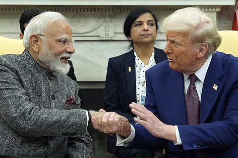 US President Donald Trump shakes hands with India's Prime Minister Narendra Modi in the Oval Office of the White House, Thursday, Feb 13, 2025, in Washington.