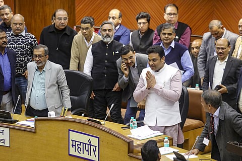 Delhi Mayor Mahesh Khichi addresses the gathering during the special Budget meeting, in New Delhi, Thursday, Feb. 13, 2025.