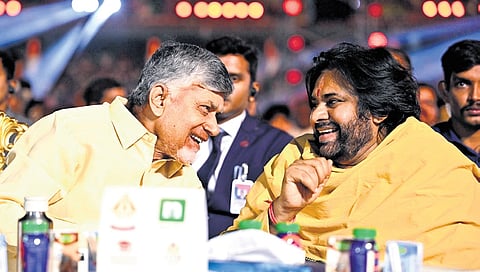 CM N Chandrababu Naidu and Deputy CM K Pawan Kalyan during an event organised by
NTR Trust in Vijayawada on Saturday. Their camaraderie was on full display at a time
when rumours regarding a rift between the two leaders were rife