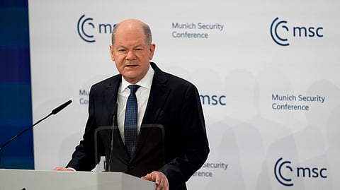Germany's Chancellor Olaf Scholz speaks during the Munich Security Conference at the Bayerischer Hof Hotel in Munich, Germany, Saturday, Feb. 15, 2025.