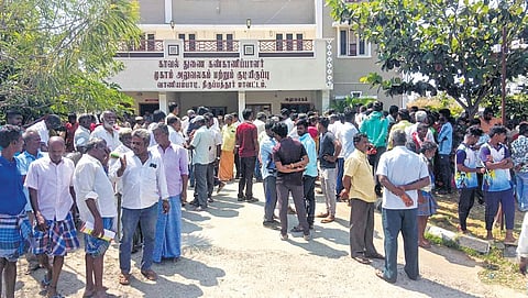 Following the arrest of Govindapuram panchayat president K Palani under SC/ST Act, Kanavaipudur villagers gheraoed the DSP office, demanding his release 