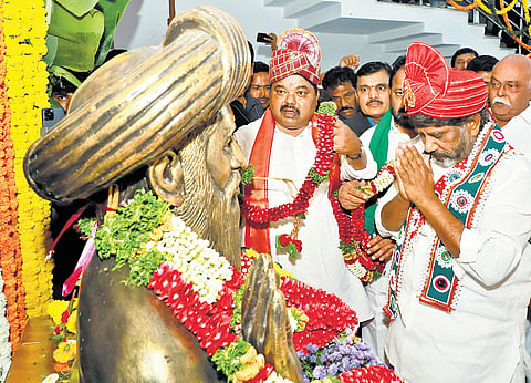 Deputy Chief Minister Mallu Bhatti Vikramarka pays homage to Sant Sevalal Maharaj during the Sevalal Jayanti celebrations in Banjara Hills on Saturday