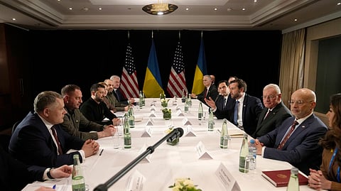 US Vice President JD Vance, fourth right, and US Secretary of State Marco Rubio, fifth right, meet with Ukraine's President Volodymyr Zelenskyy, third left, during a bilateral meeting on the sidelines of the Munich Security Conference in Munich, Germany, Friday, Feb. 14, 2025.