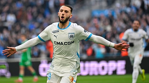 Marseille's French forward #09 Amine Gouiri celebrates after he scored his team's first goal during the French L1 football match between Olympique de Marseille (OM) and AS Saint-Etienne at Stade Velodrome in Marseille, southern France on February 15,2025.