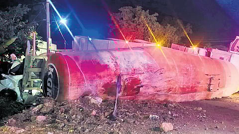 Police said the accident occurred when the tanker, coming from the opposite direction, crossed the divider and crashed into the car.