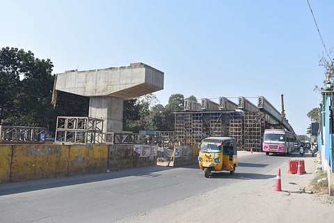 Saibaba Colony flyover construction works on the Mettupalayam Road in Coimbatore.