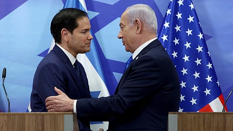 U.S. Secretary of State Marco Rubio, left, and Israeli Prime Minister Benjamin Netanyahu shake hands during a news conference at the Prime Minister's office in Jerusalem, Israel, Sunday, Feb. 16, 2025.