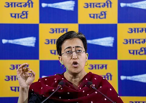 Delhi acting Chief Minister Atishi addresses a press conference, in New Delhi, Monday, Feb. 17, 2025. 