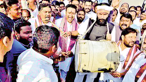 Civil Supplies Minister N Uttam Kumar Reddy takes part in Lingamanthula jatara in Durajpally of Suryapet district on Monday