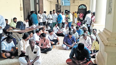Members of the Tamil Nadu Sand Lorry Owners Federation staged a protest at the Pudukkottai collectorate on Monday
