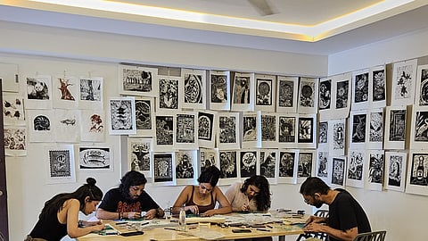 Participants at Studio Sakura's linocut workshop