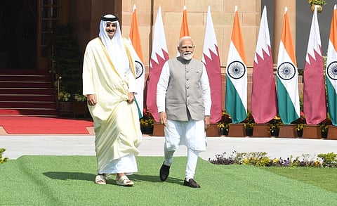 Prime Minister Narendra Modi and Amir of Qatar Sheikh Tamim Bin Hamad Al Thani during delegation level talks at Hyderabad House, in New Delhi