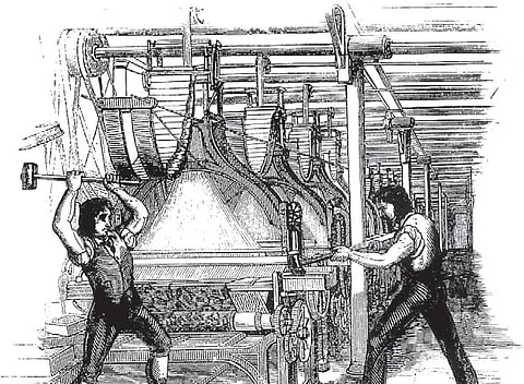 An Illustration of band of English textile workers storming factories to smash the mechanised looms that threatened their livelihoods.