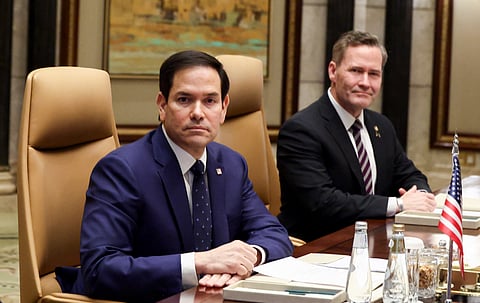 U.S. Secretary of State Marco Rubio, center, sits next to U.S. National Security Advisor Mike Waltz during a meeting with Saudi Foreign Minister Prince Faisal bin Farhan Al Saud, Saudi National Security Advisor Mosaad bin Mohammad Al-Aiban, Russian Foreign Minister Sergei Lavrov and Russian President Vladimir Putin's foreign policy advisor Yuri Ushakov, at Diriyah Palace, in Riyadh.