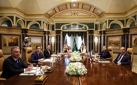 U.S. Secretary of State Marco Rubio, second left, meets with Saudi Foreign Minister Prince Faisal bin Farhan Al Saud, Saudi National Security Advisor Mosaad bin Mohammad Al-Aiban, U.S. National Security Advisor Mike Waltz, third left, U.S. Middle East envoy Steve Witkoff, left, Russian Foreign Minister Sergei Lavrov, right, and Russian President Vladimir Putin's foreign policy advisor Yuri Ushakov, second right (Photo | AP)