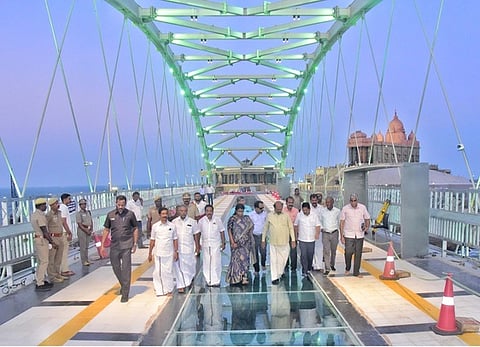 EV Velu, Minister for Public works,Highways and Minor ports,inspecting the glass bridge connecting Thiruvalluvar statue and Vivekananda memorial rock
