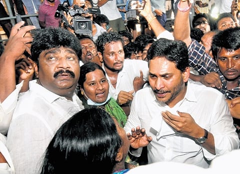 YSRCP chief YS Jagan Mohan Reddy at the Guntur mirchi yard on Wednesday.