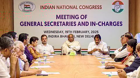 Congress President Mallikarjun Kharge with LoP in the Lok Sabha and party leader Rahul Gandhi during a meeting of the party's general secretaries and state in-charges, in New Delhi.