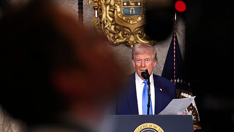 President Donald Trump speaks at Mar-a-Lago in Palm Beach, Fla., Tuesday, Feb. 18, 2025.