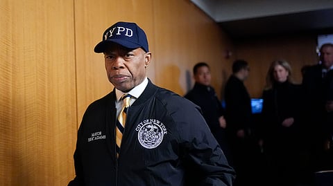 New York City mayor Eric Adams arrives to a news conference in New York, Tuesday, Feb. 18, 2025.