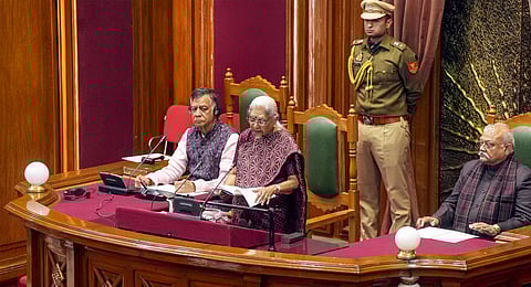 Uttar Pradesh Governor Anandiben Patel addresses the joint sitting of both Houses, marking the beginning of the Budget session of state Assembly, in Lucknow, Tuesday, Feb. 18, 2025. 