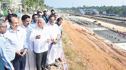 Union Minister of State for Railways and Jal Shakti, V Somanna inspecting the development works at Thiruvananthapuram South railway station at Nemom