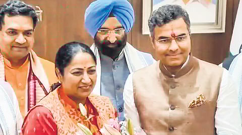 Chief Minister & Shalimar Bagh MLA Rekha Gupta with cabinet minister Parvesh Verma, son of former CM and Shalimar Bagh MLA Sahib Singh Verma
