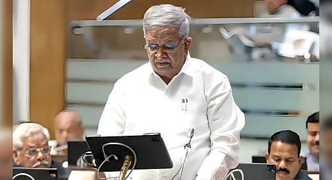 Finance Minister Kanubhai Desai during his fourth consecutive Gujarat budget presentation.