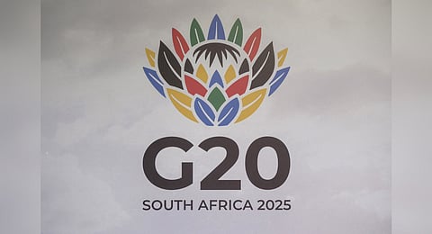 A general view of the G20 South Africa logo ahead of the G20 Foreign Minister Meeting at the Nasrec Expo Centre in Johannesburg on February 20, 2025.