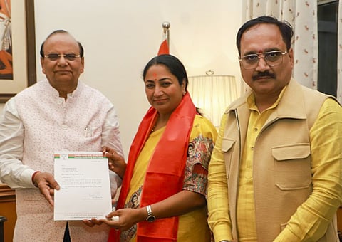 Delhi Lieutenant Governor V K Saxena during a meeting with BJP leader and Chief Minister-designate Rekha Gupta accompanied by Delhi BJP President Virendra Sachdeva, at the Raj Niwas, in New Delhi. Gupta met Delhi LG Wednesday evening and staked claim to form the government in the national capital. 