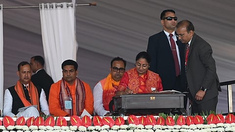 BJP MLA Rekha Gupta takes oath as Delhi Chief Minister during the swearing-in ceremony at Ramlila Maidan in New Delhi, on Thursday, Feb. 20, 2025.